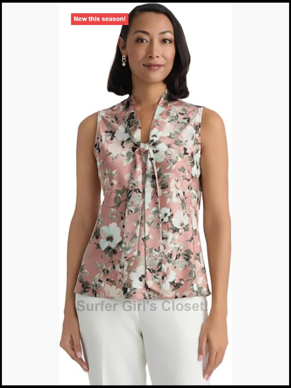 Sleeveless Bias Tie Front Printed Satin Blouse Womens Work Top 98% Polyester